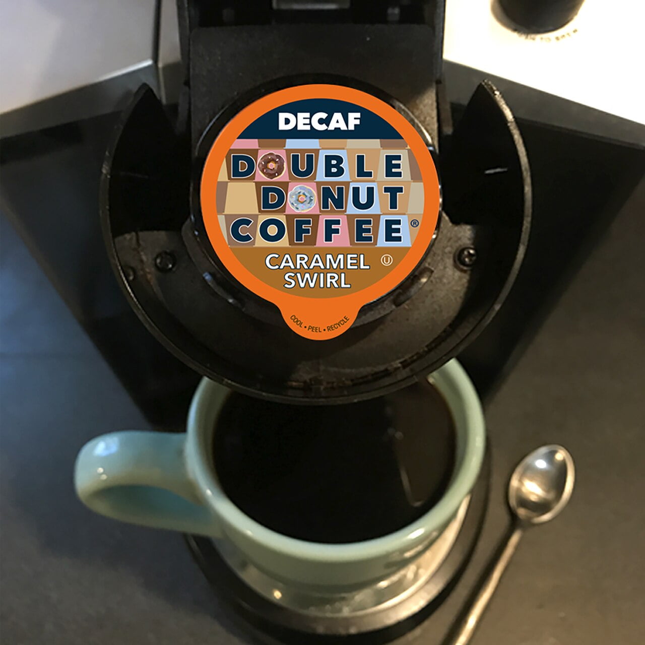 Caramel Swirl Medium Roast Decaf Flavored Coffee Pods for Keurig K Cups Makers from Double Donut, 24 Count