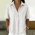 thumbnail image 2 of Women Loose Fit Polo Collar Short Sleeve Button Down Shirt Casual Relaxed Blouse Lightweight Summer Top for Daily Wear White L, 2 of 7