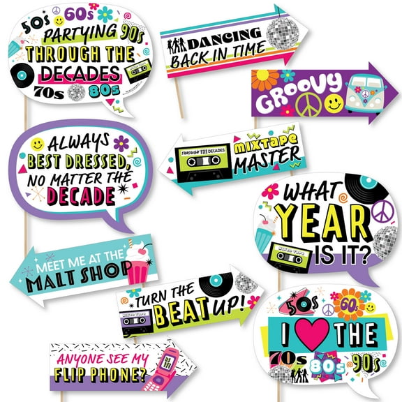 Big Dot of Happiness Funny Through the Decades - 50s, 60s, 70s, 80s, and 90s Party Photo Booth Props Kit - 10 Piece
