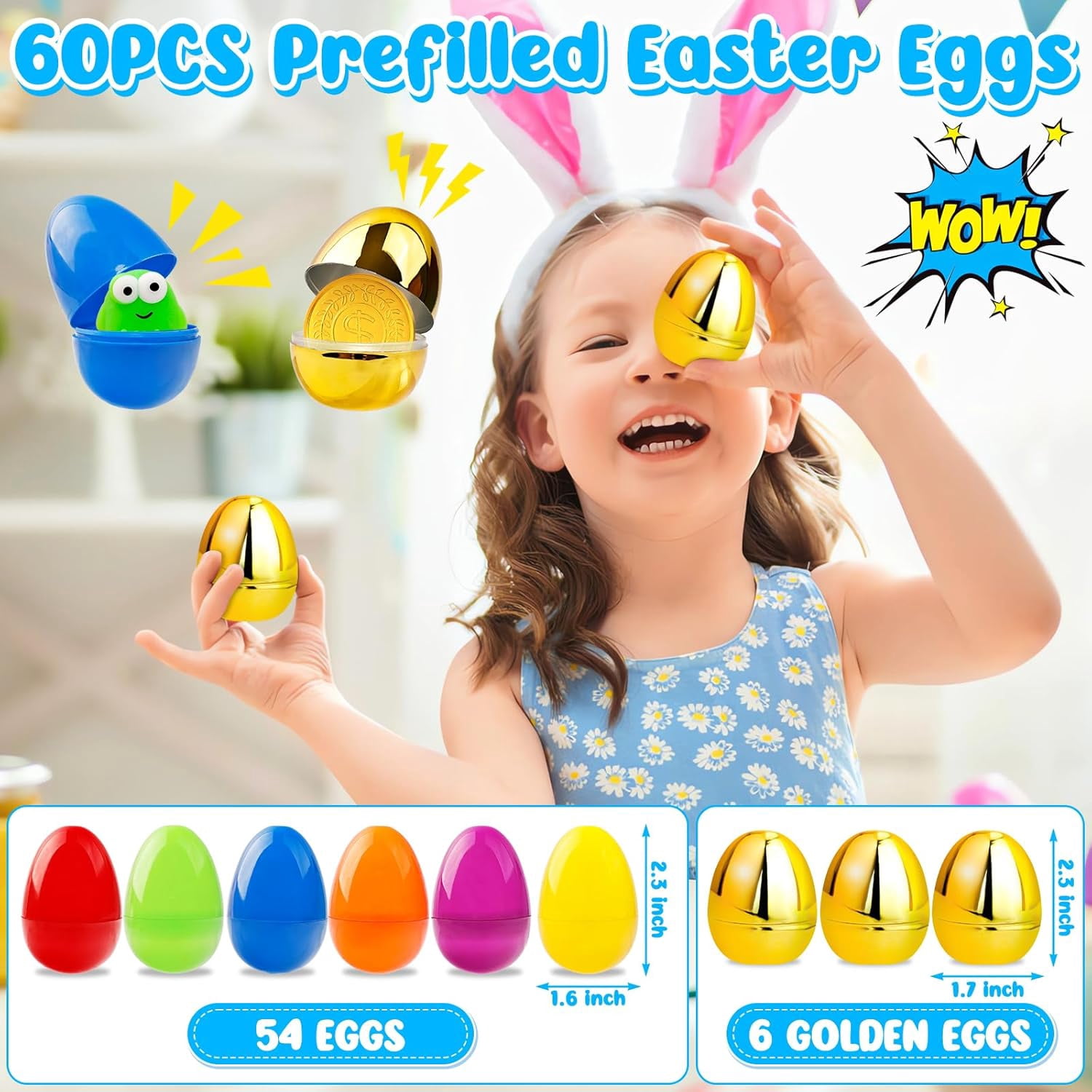 [ 6 Surprise Golden Eggs ] 60Pcs Prefilled Easter Egg with Assorted Toys, Plastic Easter Eggs Fillers for Kids, Basket Stuffers,Egg Hunt Party Favors Classroom Prizes Supplies for Boys Girls