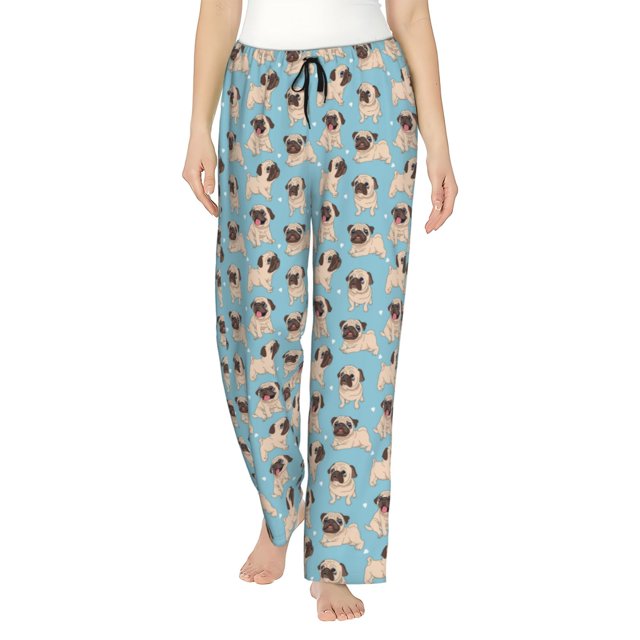 Balery Funny Cartoon Pugs Pantalones de pijama para mujer, pijamas ultraligeros, pantalones de estar por casa-X-Large