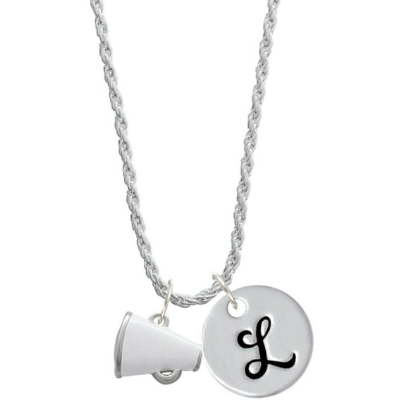 Delight Jewelry Silvertone Small White Megaphone Silvertone Script Initial Disc - L - Charm Necklace, 20"+3"