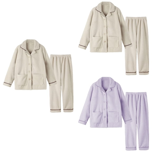 Couples Pajamas Matching Sets Soft Pajama Long Sleeve Thermal Sleepwear Cozy Winter Notched Collar Loungewear Home Outfit with Pockets 2 Piece Beige L