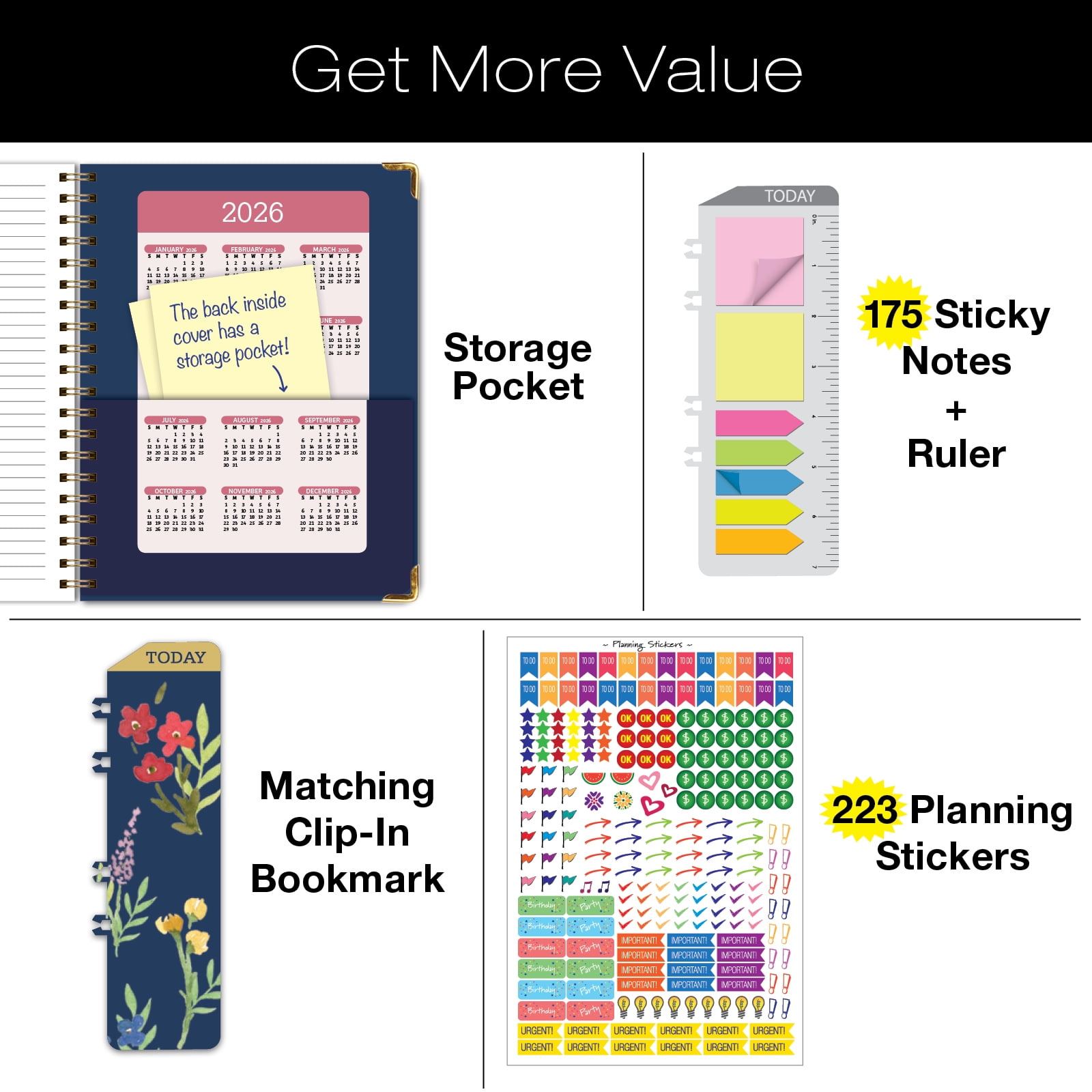 Academic Year 2025-2026 Planner, June 2025 - July 2026, 8.5"x11" Daily Weekly Monthly Planner Yearly Agenda, Hardcover, Bookmark, Pocket Folder and Sticky Note Set (Navy Gold Numbers)