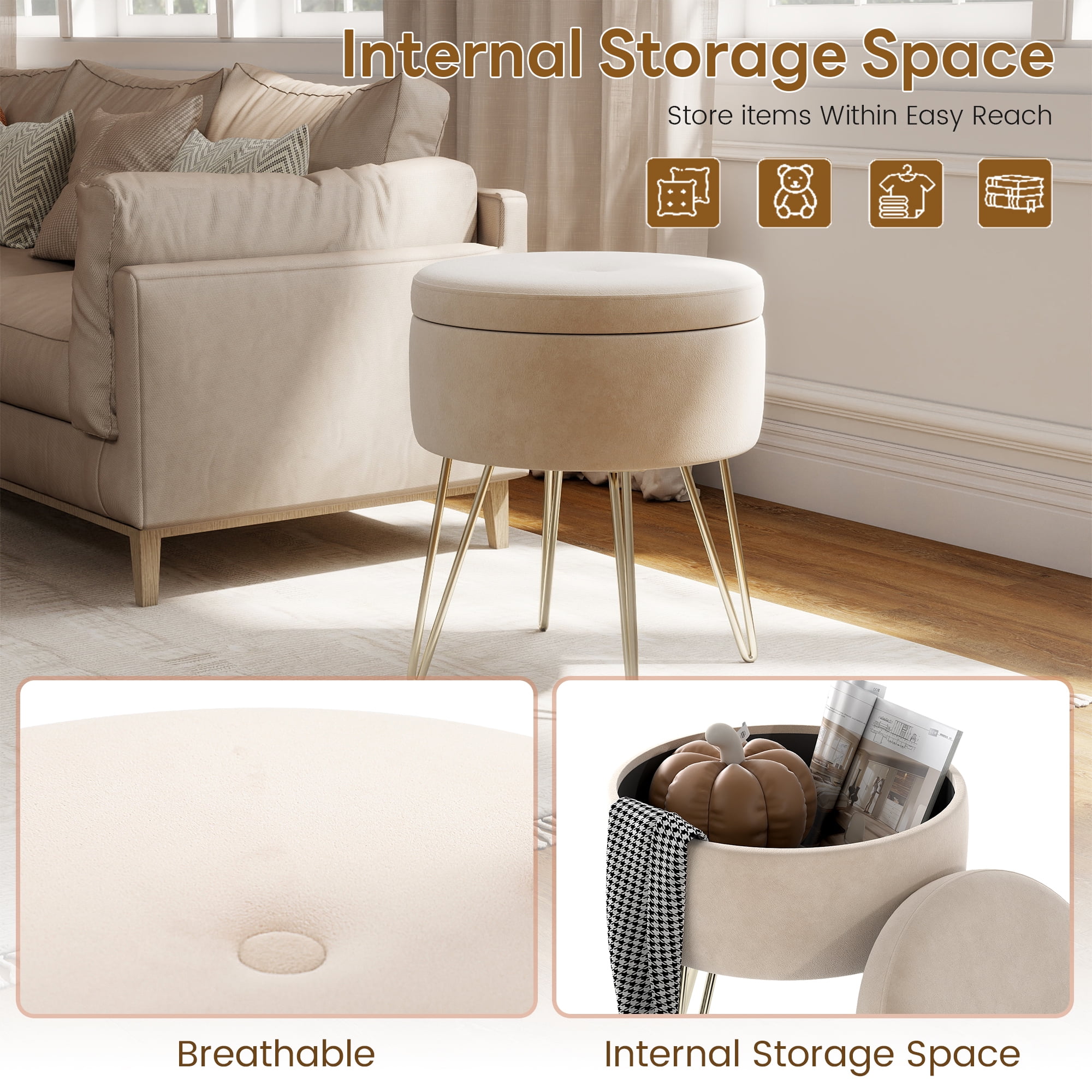 LOGYAT Velvet Round Storage Ottoman, Makeup Vanity Stool with Metal Legs, Modern Footrest Footstools Ottomans for Living Room Bedroom, Beige