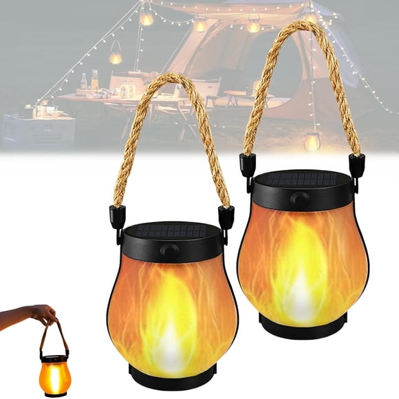 Lanternes Solaires à Flamme Dansante, Lumières à Flamme Vacillante pour l'Extérieur, Double Recharge Solaire et USB, Lot de 2
