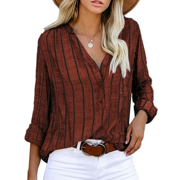 Estrela Long Sleeve Striped Blouse V Neck Button Down Loose Fit Women Casual Shirt for Daily Work Shopping Brown L