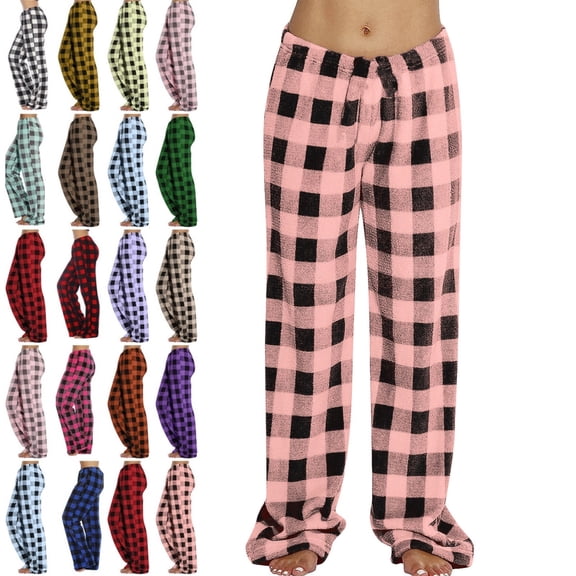 DENGDENG Womens Fleece Pajamas Christmas Flannel Fuzzy Fluffy Plaid Pajamas Bottoms Cozy Sleep Pants Cute Straight Leg Soft Loose Fit Pjs Pants Watermelon Red S