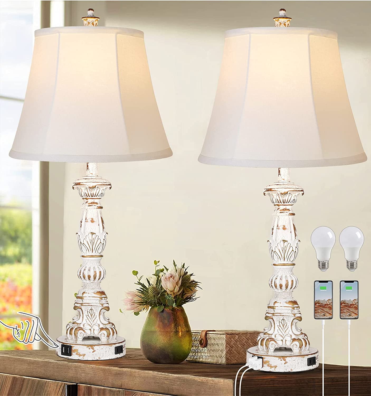 Set of 2 Touch Table Lamps,3 Way Dimmable with USB Ports