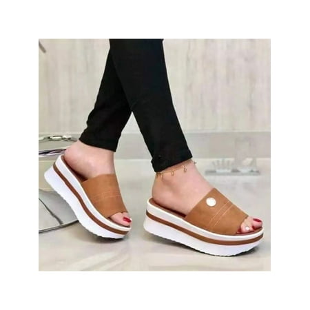 

UKAP New Women Peep Toe Sandals Casual Slip On Low Heel Slipper Platform Shoes Summer