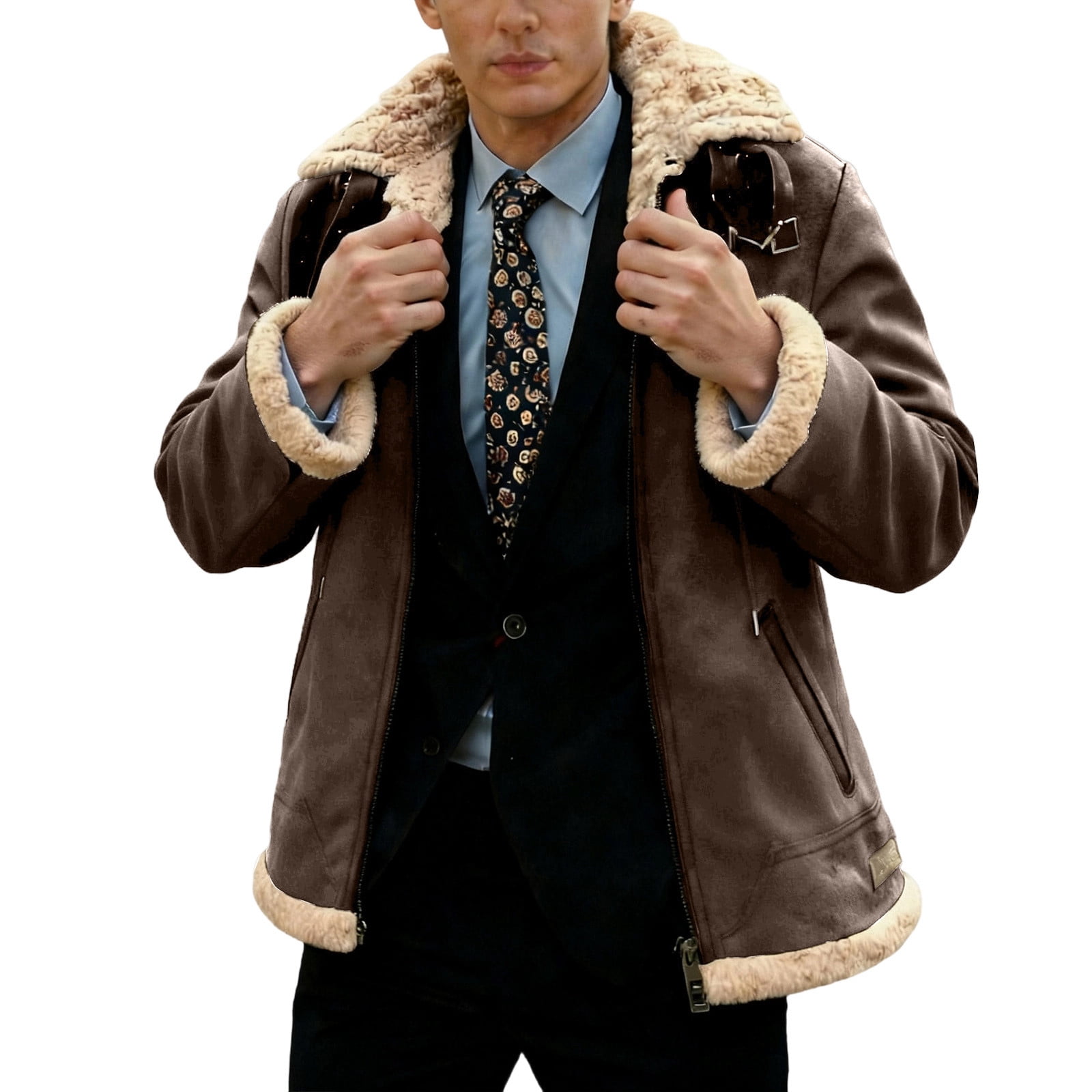 UQJfacai Mens Faux Suede Leather Jacket Sherpa Lined Collared Trucker Cargo Coat Winter Warm Thick Casual Outerwear with Pockets