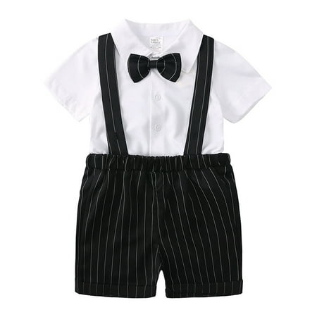 

B91xZ Baby Boy Clothes Baby Boys Gentleman Bowtie Suit Striped Suspender Shorts Shirt Tops Set Outfids 2PCS White Size 2-3 Years