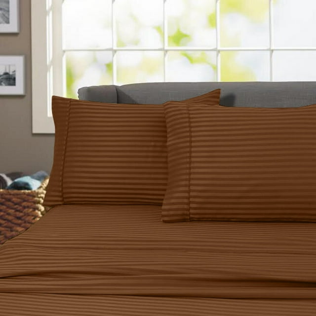 Ensemble de Draps à Rayures 600 Fils 100 % Coton Infroissable (Grand Lit, Brun)