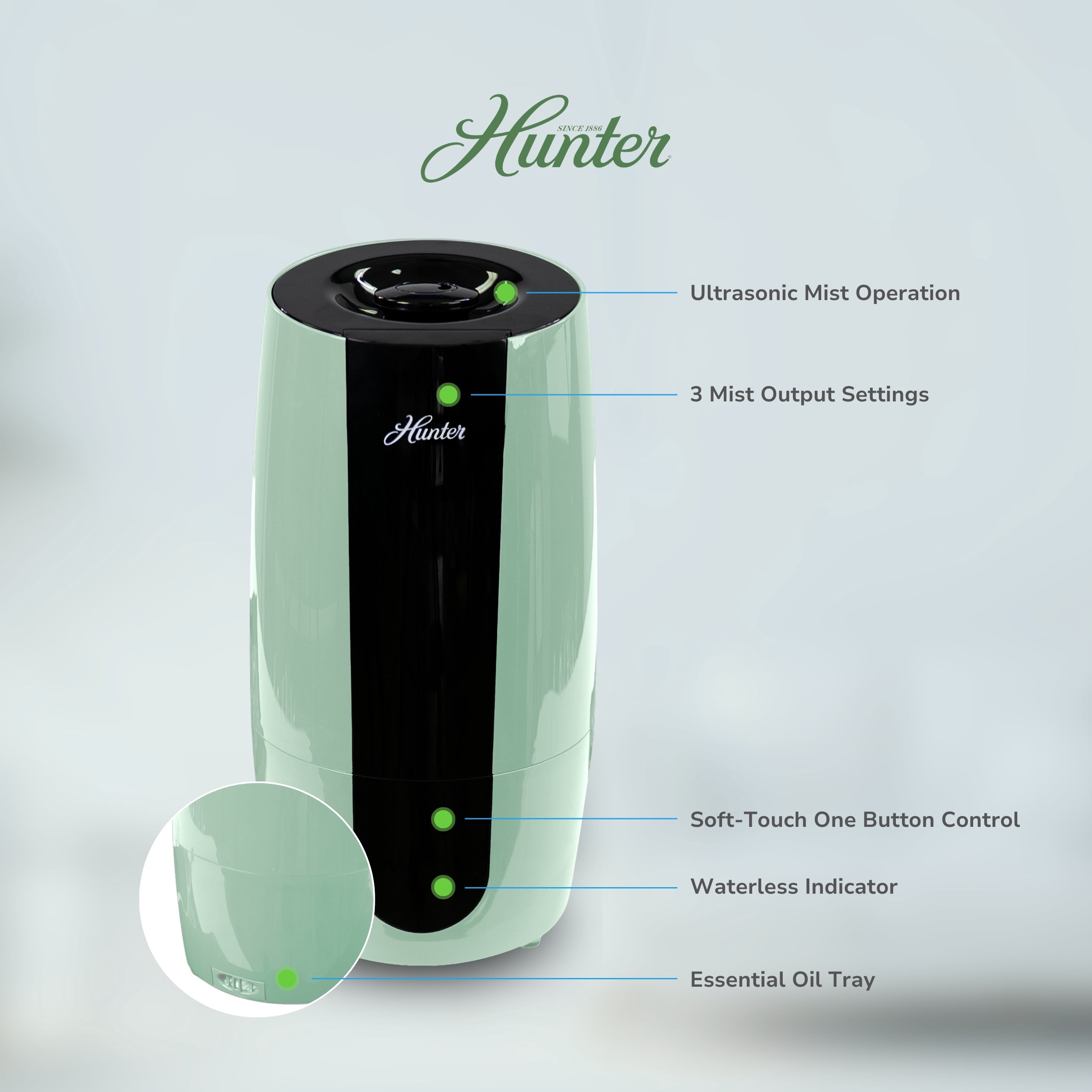 Hunter HHU400 Aspire Cool Mist 0.7 Gal Ultrasonic Humidifier, Sage