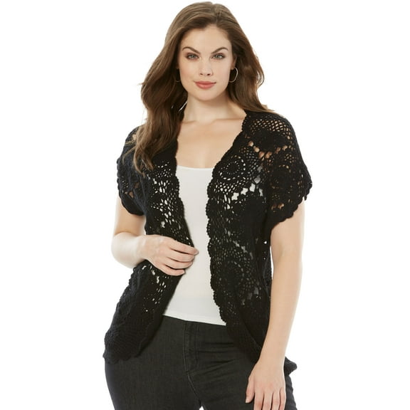 Roaman's Women's Plus Size Scallop Trim Crochet Cardigan Sweater