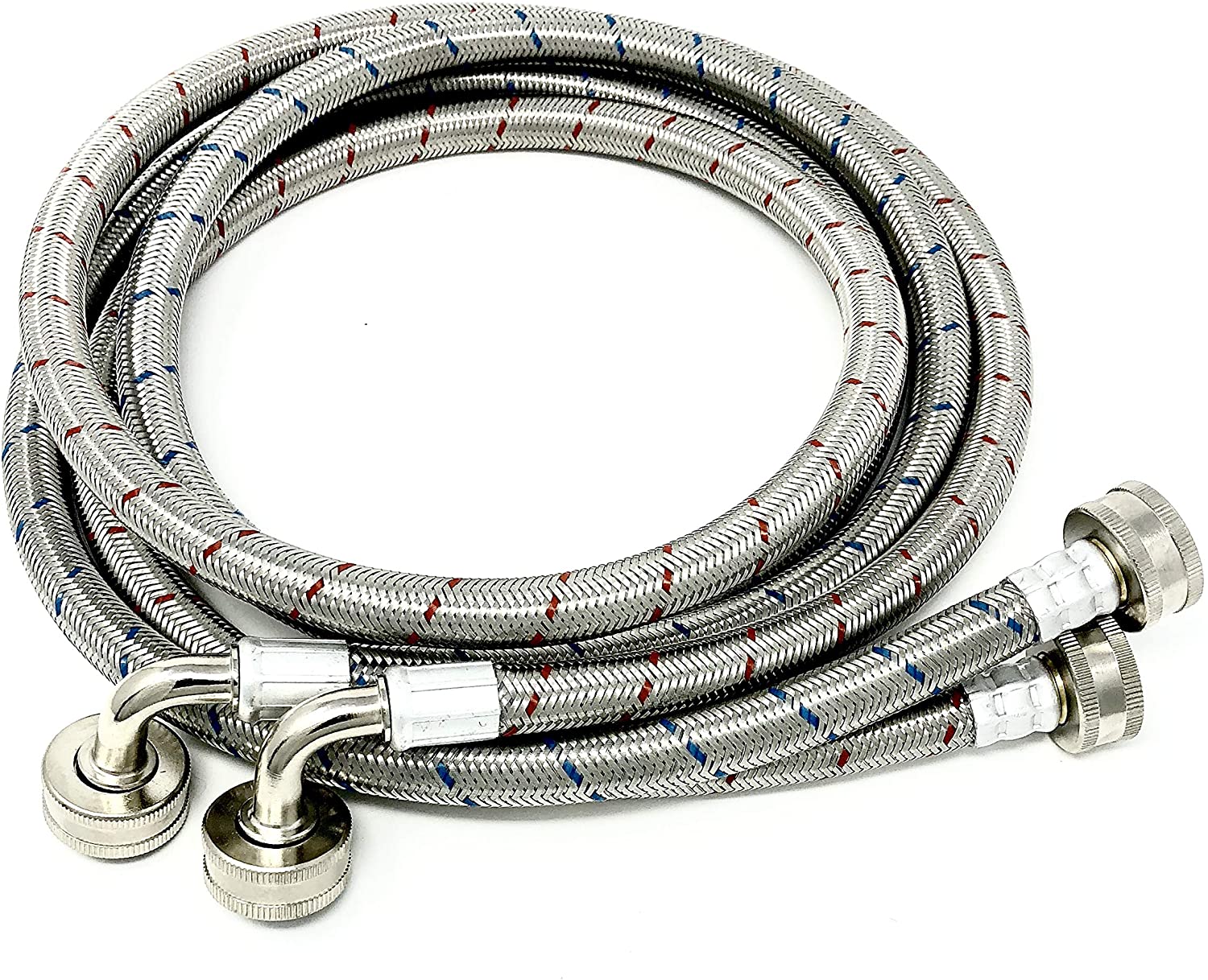 2-pACK pREMIUM sTAINLESS sTEEL wASHING mACHINE hOSES - 6 ft nO-lEAD bURST pROOF rED AND bLUE lINED wATER iNLET sUPPLY lINES - uNIVERSAL 90 dEGREE eLBOW cONNECTION - 10 yEAR wARRANTY