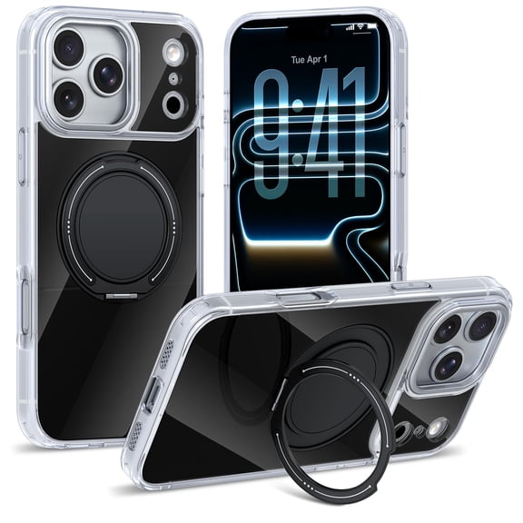 ShellTech Magnetic Case for iPhone 17 Pro with Rotatable Ring Kickstand, Compatible with MagSafe Wireless Charging, Shockproof Clear Bumper Drop Protection Slim Protective Phone Cover,Black