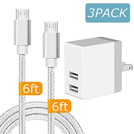 Charger, 2.4A Dual USB Wall Charger Adapter Portable Plug w/ 2-Pack 6FT Nylon Braided Micro USB to USB A Android Phone Cable Cord for Controller Devices, Smartphones and Tablets (Best Flash Plugin For Android)