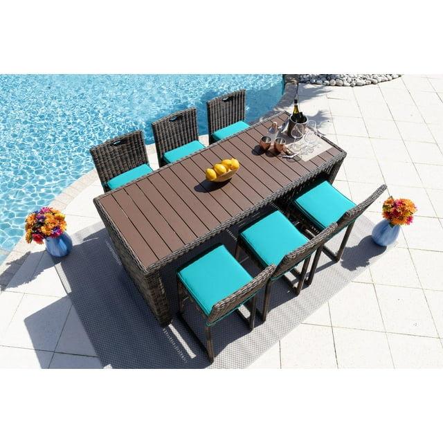 Outdoor Essential Tuscany 7-Piece Resin Wicker Outdoor Patio Furniture Bar Set with Bar Table and Six Bar Chairs (Half-Round Brown Wicker, Sunbrella Canvas Navy)