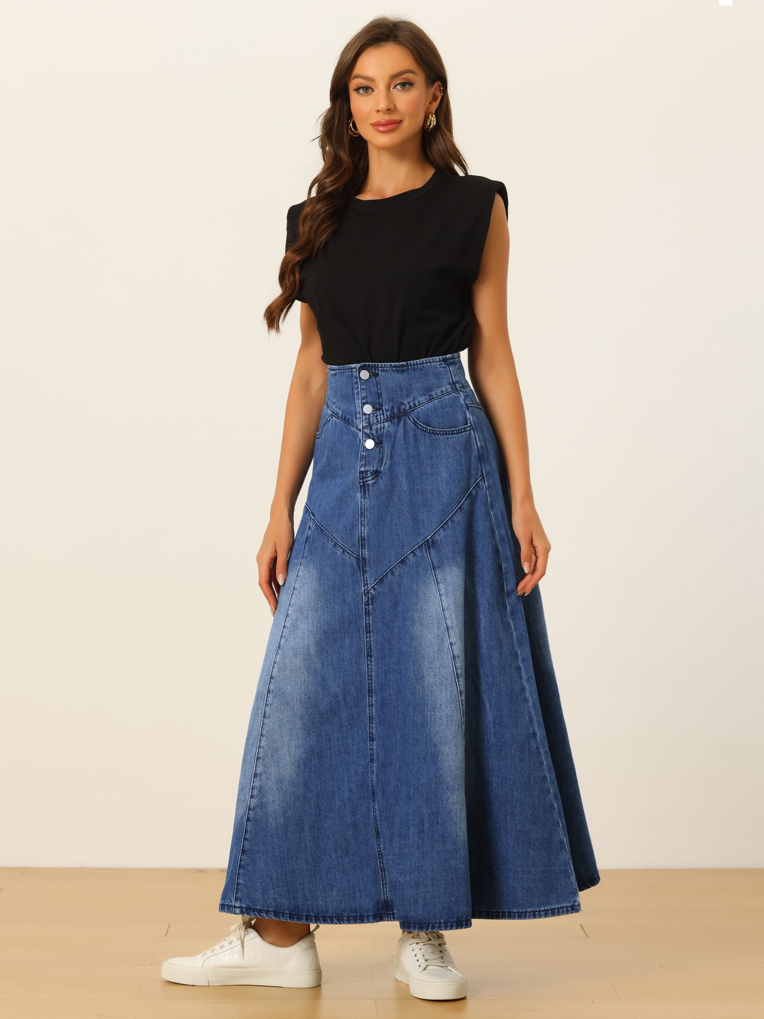 DARING DIVA Women's Casual Denim Skirt A-Line Flared Maxi Skirts M Blue