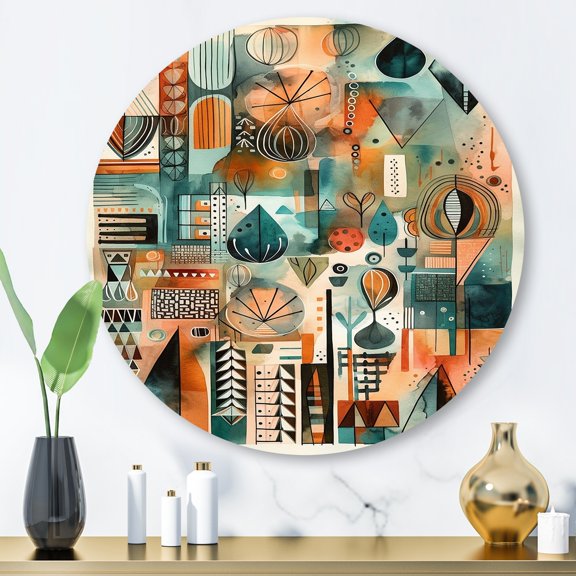 Designart "Abstracted Vistas in Green and Orange" Abstract Landscape Metal Round Wall Art Prints