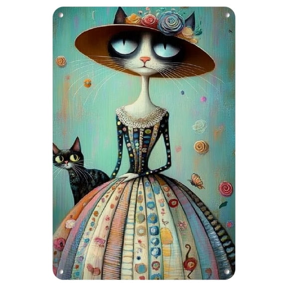 1pc Whimsical Vintage Metal Tin Sign with Elegant Lady and Striped Cat, Colorful Retro Wall Art for Home, Bar, Cafe, for Rustic Farmhouse Decor, 8x12 Inches, Metal Wall Decor