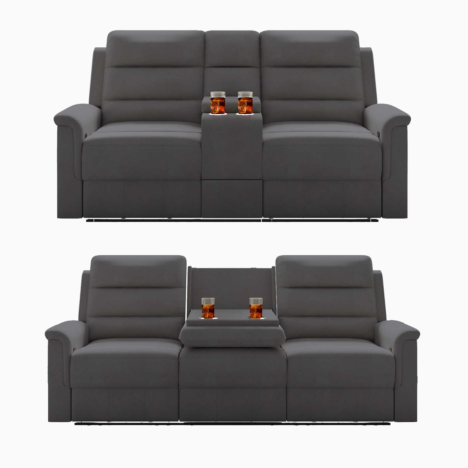 MUZZ Reclining Sofa Set, Modern Recliner Sofa with Cup Holders, Flip-Up Storage, Reversible Backrest and Footrest, Gray