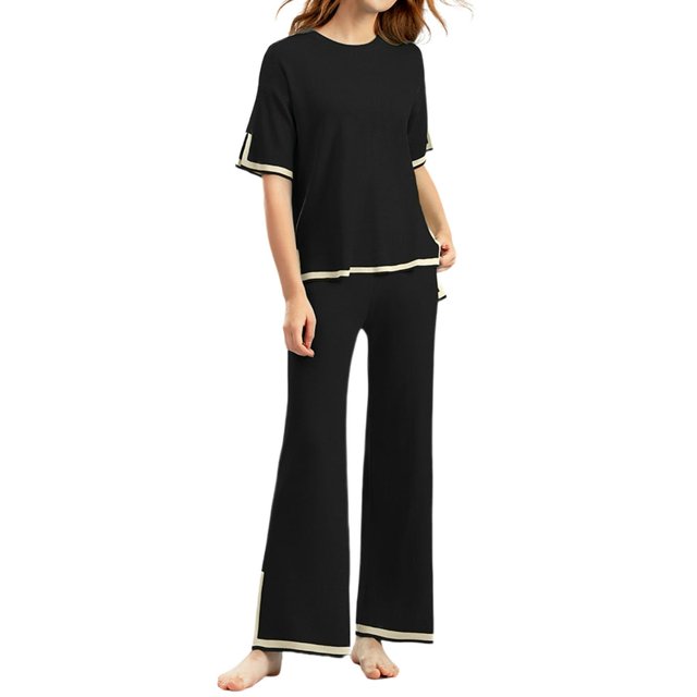 Ensemble Pantalon 2 Pcs pour Femmes Col Rond Manches Longues Coupe Ample Couleur Unie Tenue Quotidienne