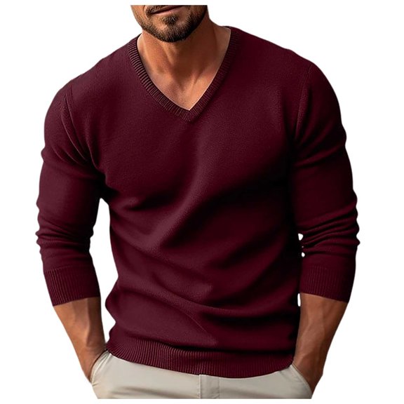 HAYIMI Men Solid Color V-Neck Knit Sweater Long Sleeve Ribbed Slim Fit Pullover Casual Fall Winter Tops Dailywear