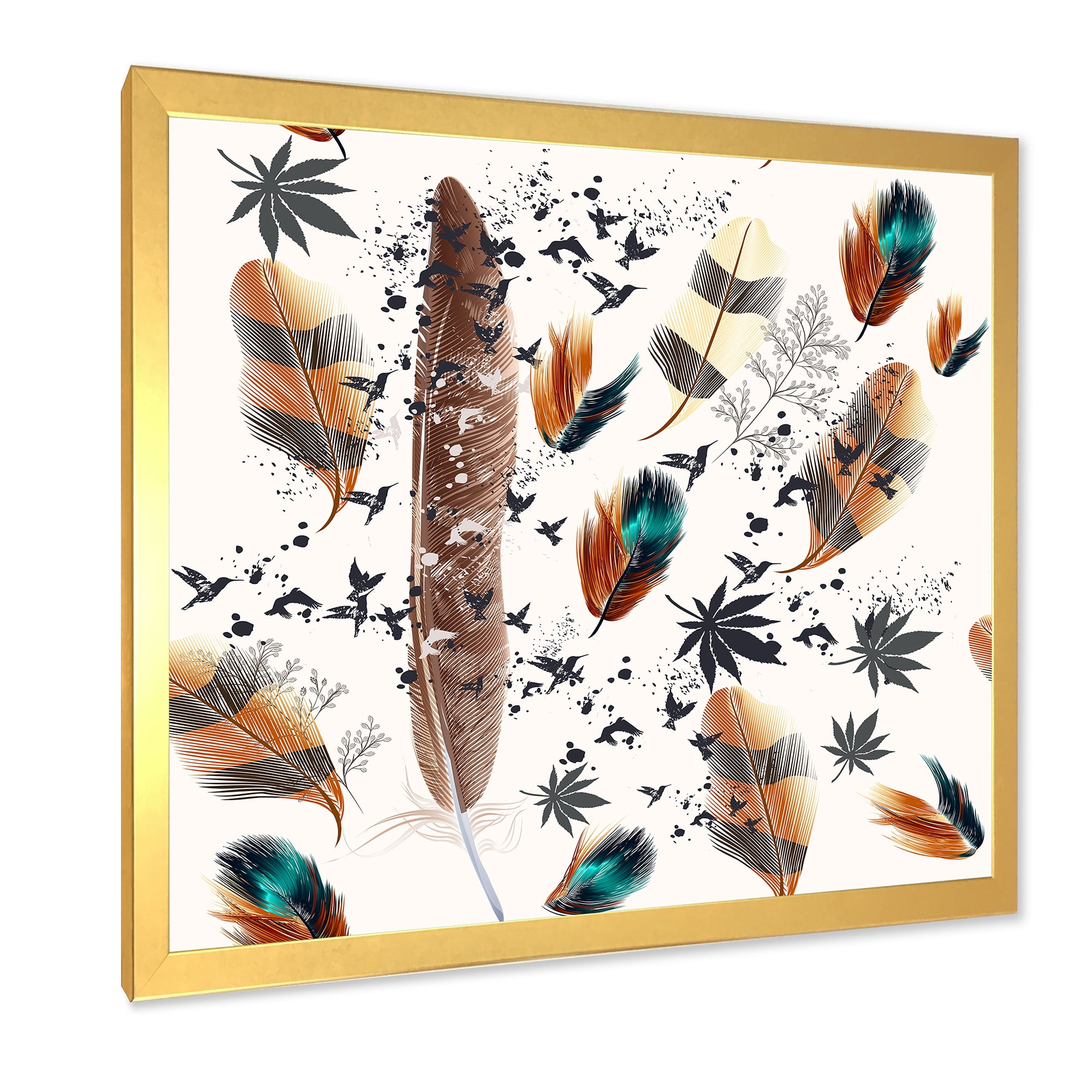 Designart 'Multicolored Feather Pattern With Floral' Bohemian & Eclectic Framed Art Print