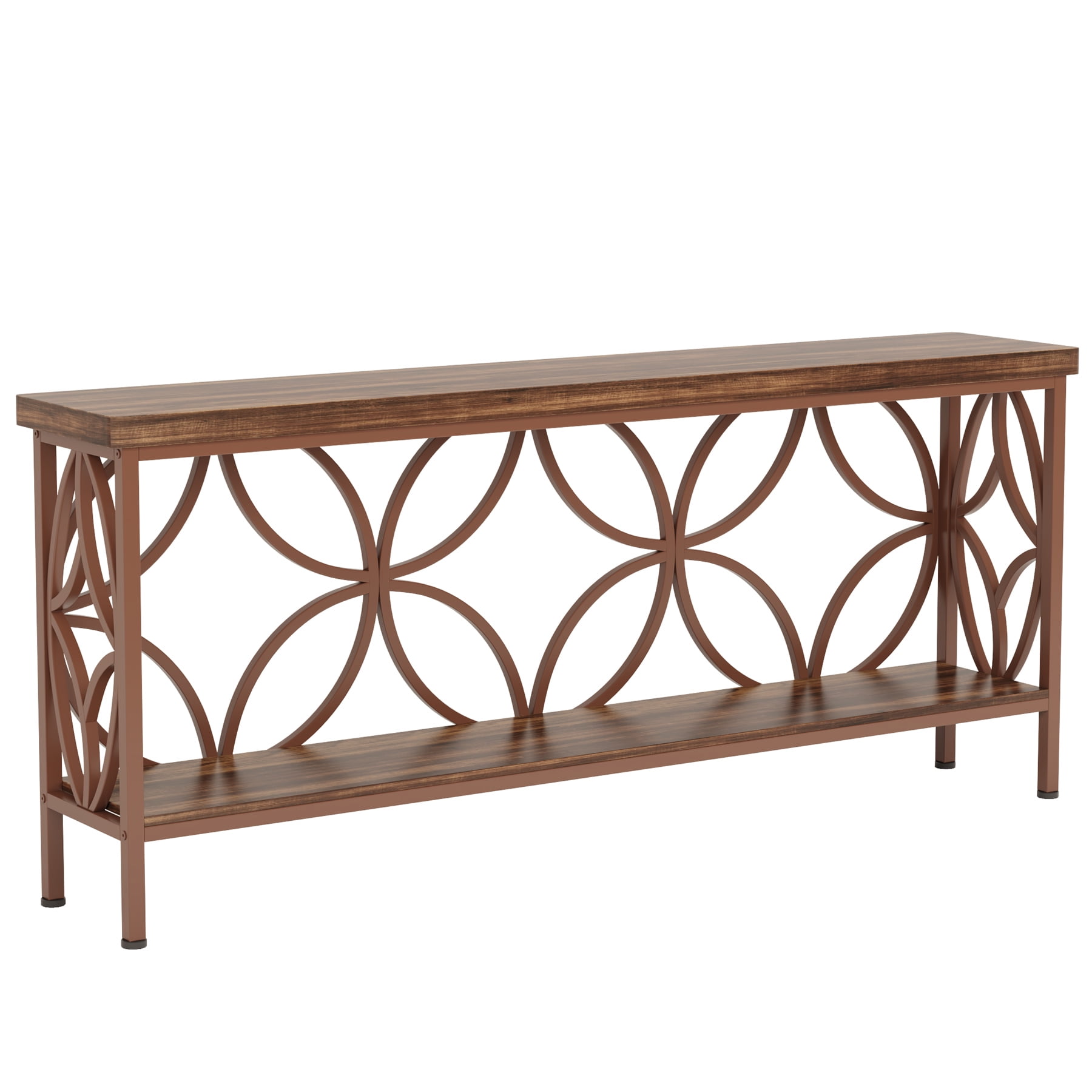 Fnova 70.9" Industrial Console Table, 2-Tier Wood Storage Narrow Sofa Table, Behind Couch with Metal Frame, for Living Room, Entryway, Foyer, Easy Assembly