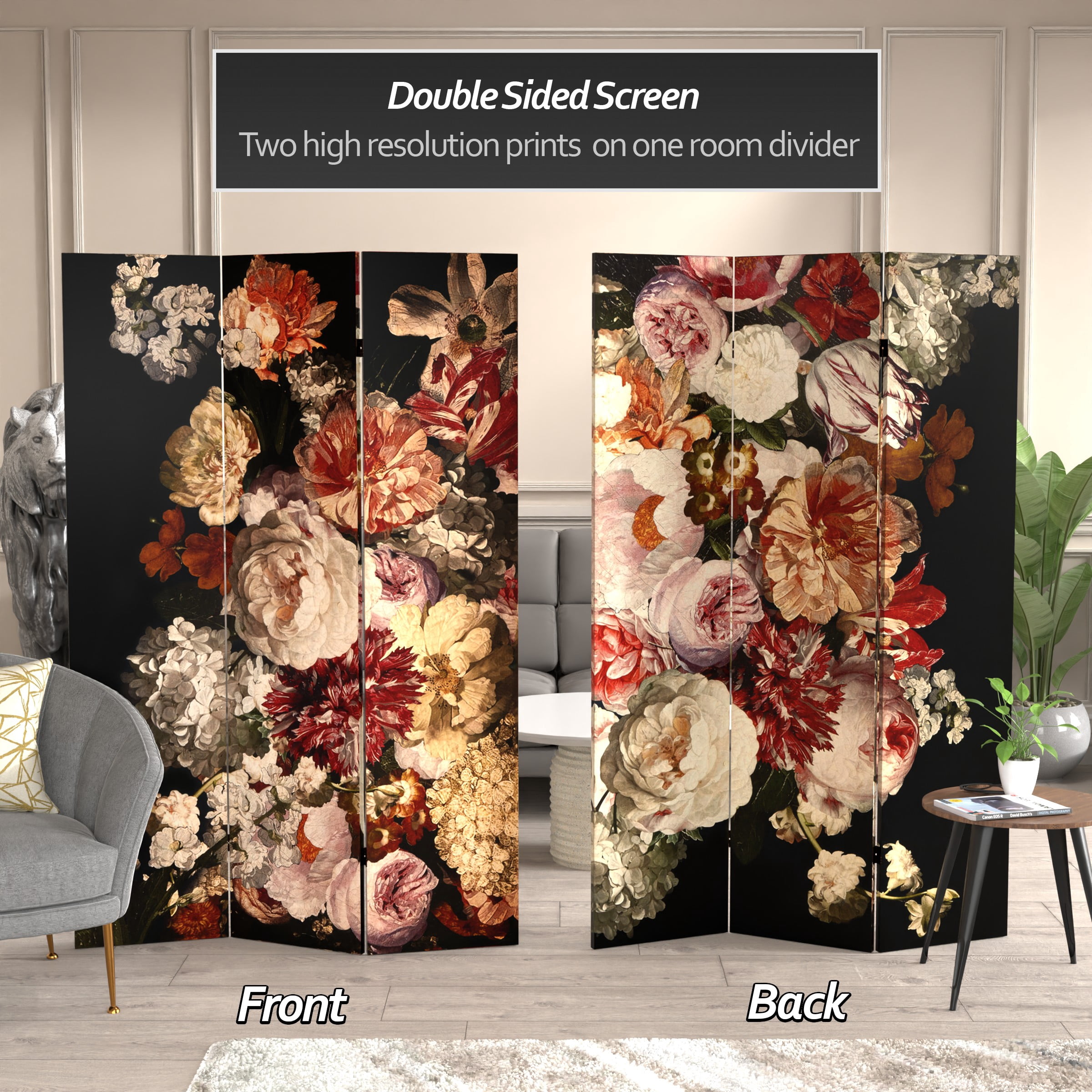 Oriental Furniture 6 ft. Tall Vintage Flowers Canvas Room Divider - 3 Panel