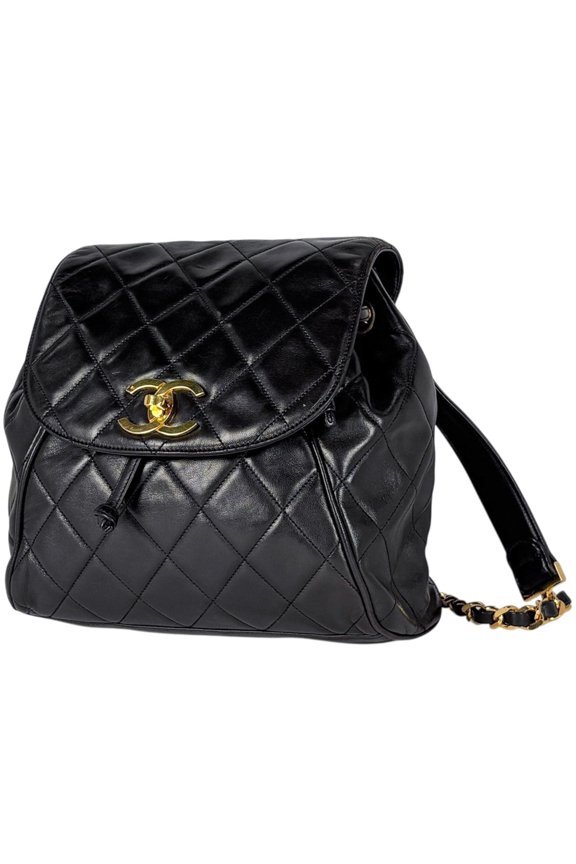 Pre-Owned Chanel Coco Mark Backpack, Chain Leather, Black, Women's