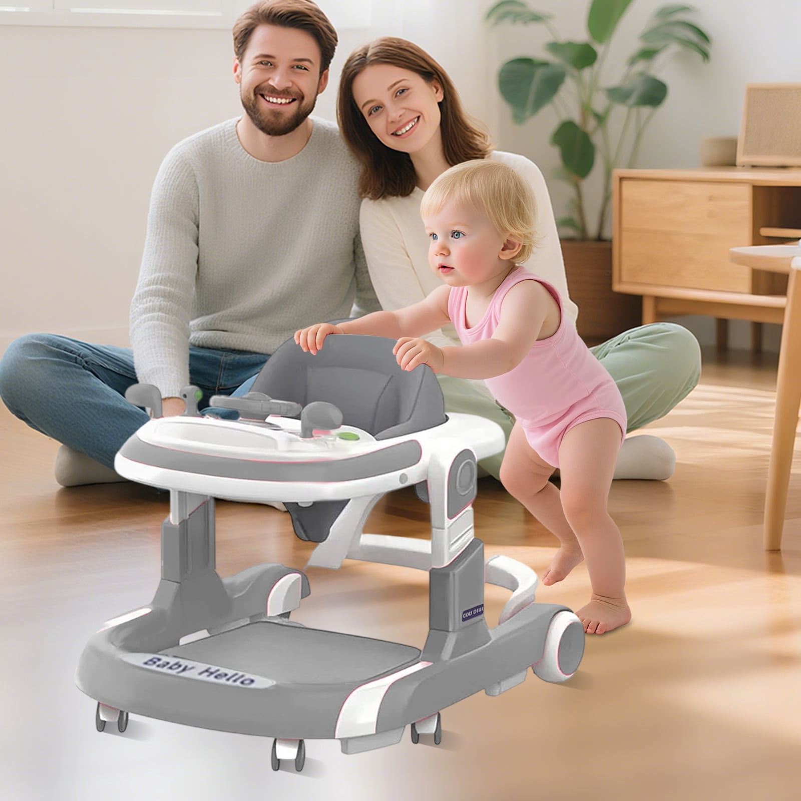 ManyFun 4-in-1 Musical Infant Baby Walker with Wheels functional, Height Adjustable, Foldable Design (Gray)