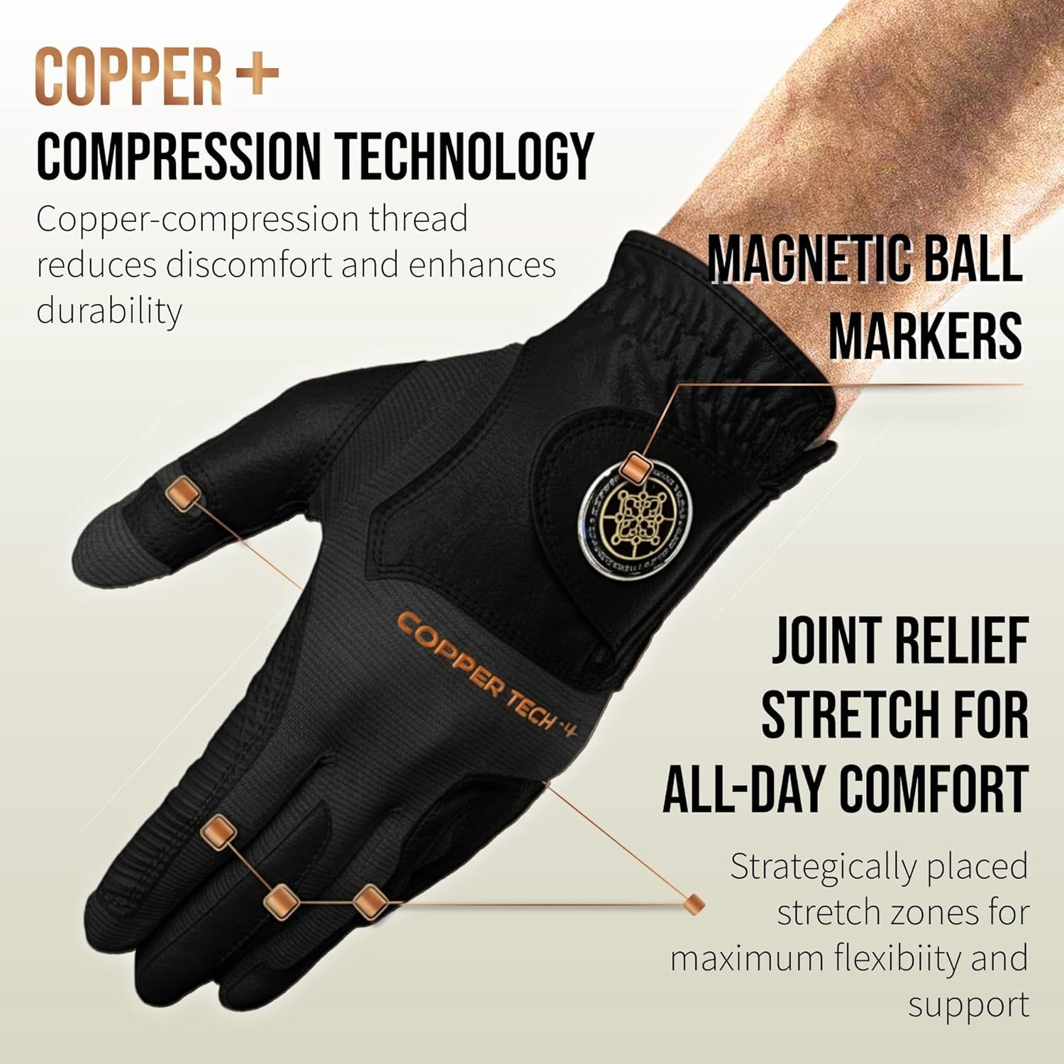 Copper Tech Plus Golf Gloves Men (2nd Gen) | Copper Compression Joint Support Golf Glove (Black/Black, X-Large, Right)