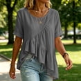 thumbnail image 4 of SZJXBUY Hauts en Lin pour Femmes, Blouse d'Été Chic Décontractée à Manches Courtes, Ourlet Volanté Plissé, Hauts Coupe Ample à Col Rond, T-Shirts Asymétriques Gris Foncé, L, 4 of 7