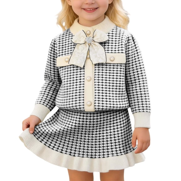 TBWNWG Girls' Dresses Toddler Long Sleeve Bow Cardigan with Ruffles Checked Skirt 2-Piece Set Children's Autumn Winter Casual Dress for Girls,Size 5-6 Years