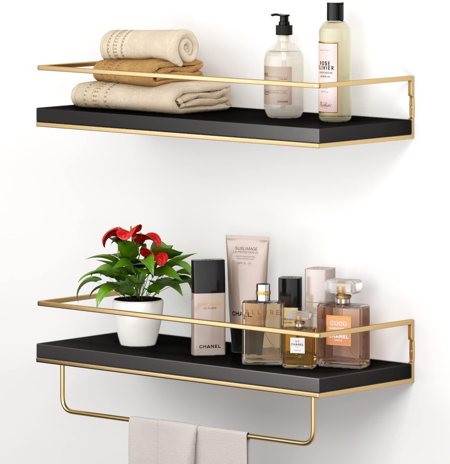 Shario - Set of 2 Floating Shelves with Gold Towel Rail Wall Hanging, Decorative Storage Shelves for Bathroom, Kitchen, Living Room and Bedroom
