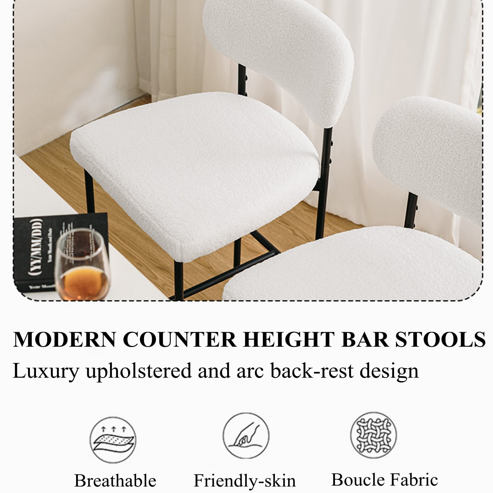 Hommpa Bar Stools Set of 4 with Back & Footrest 26" Counter Height Barstools Boucle Bar Chairs Modern Pub Chairs White Plush for Kitchen Island Bistro Coffee Shop Mid Back