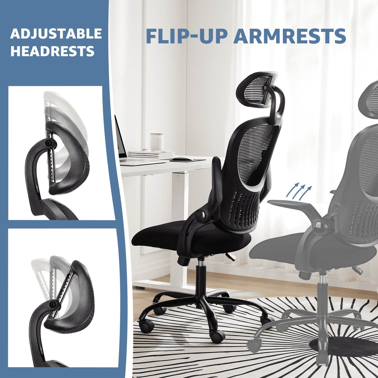 MAYEERTY Ergonomic Office Chair with Headrest, Adjustable Task Chair with Flip-Up Armrests