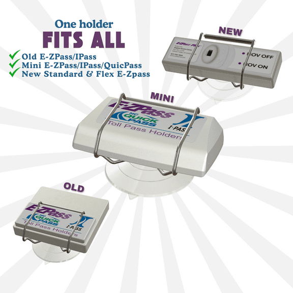 Indestructible Toll Pass Holder with Largest Suction Cup for EZ-Pass, I Pass, FasTrak, SunPass, Uni, QuickPass, EPass Xtra & others in pics