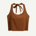thumbnail image 4 of BLTIBY Workout Halter Tank Tops for Women Built in Bra Solid Color Low Support Round Neck Backless Sports Fashion Sleeveless Basic Cami Brown S, 4 of 8