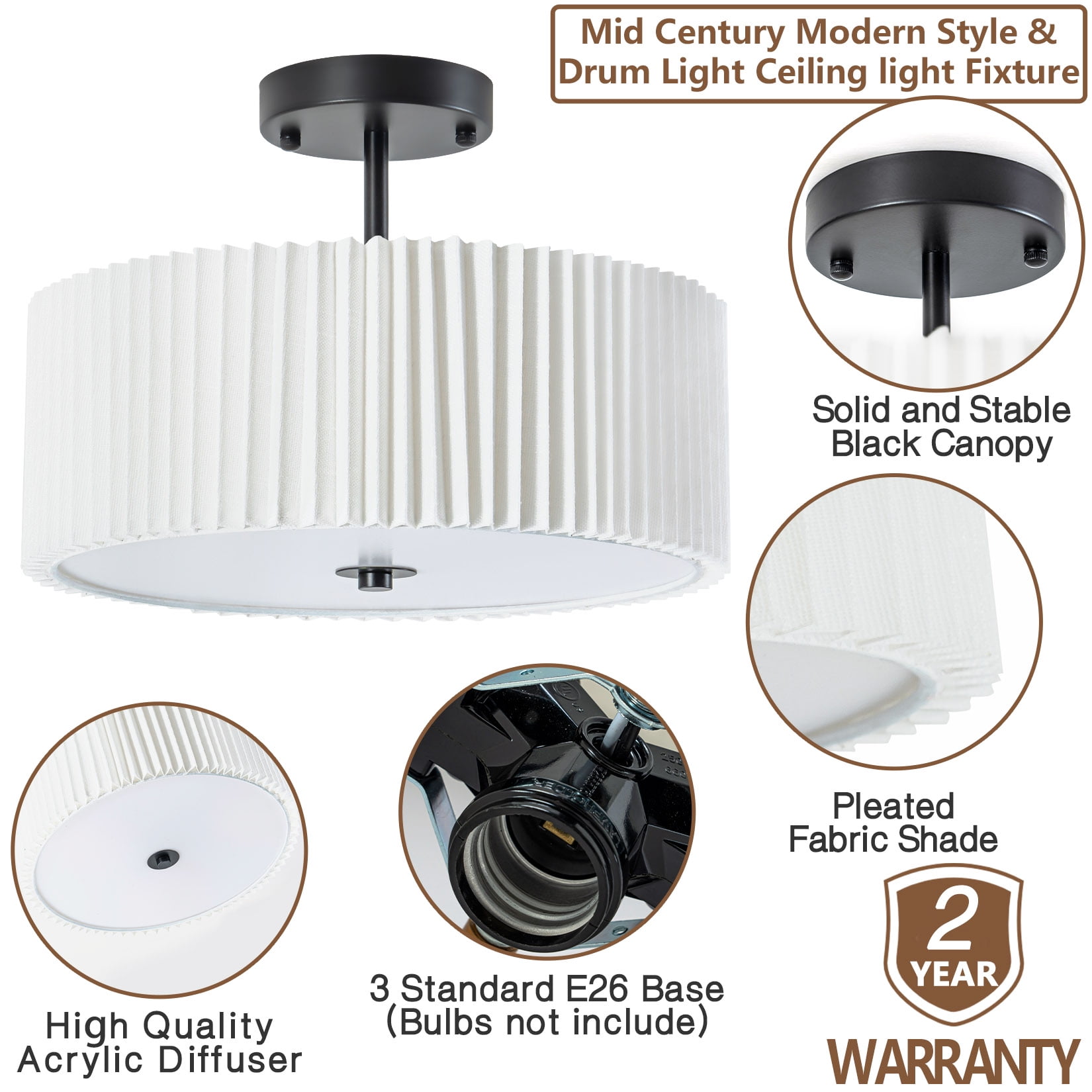 BESTOMINE Semi Flush Mount Ceiling Light,12.5 inch Ceiling Light Fixture,Black Flush Mount Light Fixture with Pleated Fabric Drum Shade,Light Fixtures Ceiling Mount for Bedroom,Living Room,Hallway