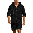 thumbnail image 5 of IWRICH Men's 2 Piece Linen Set Casual Long Sleeve Button down Hoodie Shirts and Shorts Sets Fashion Summer Beach Outfits Black XXL, 5 of 5