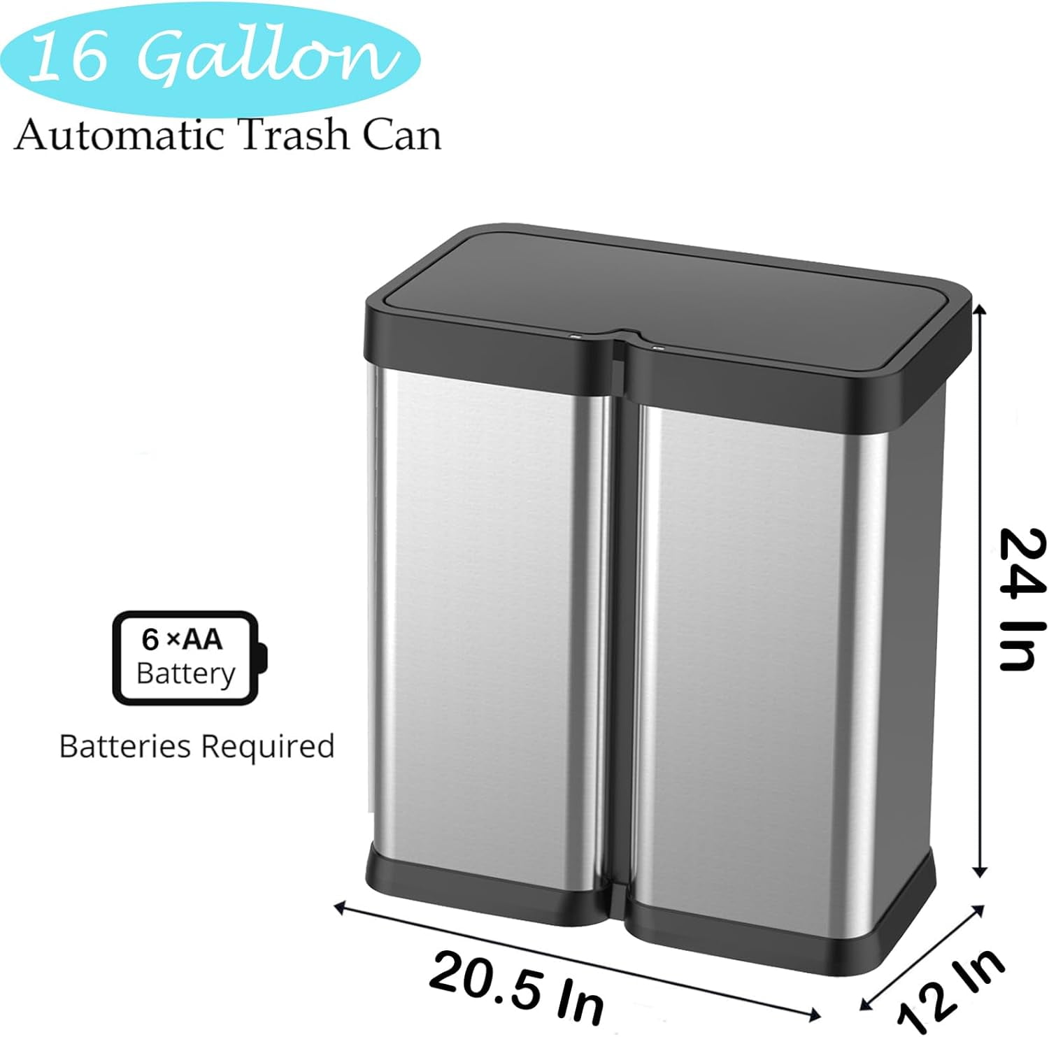 16 Gallon Automatic Trash Can, 30L+30L Stainless Steel Dual Garbage & Recycle Bin, Touchless Automatic Garbage Can, Soft Close Lid, Classified Garbage Can for Kitchen Living Room Office