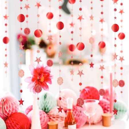 Red Party Star Circle Dot Decoration Red Hanging Garland Streamer Decorations Glitter Star Bunting Banner Twinkle Backdrop for Engagement Wedding Baby Shower Birthday Xmas