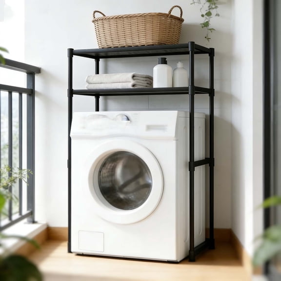 2-Tier Adjustable Washing Machine Storage Rack - Over Washer and Dryer Shelves, Over Washer Shelf - Space-Saving Laundry Organizer in Black/White