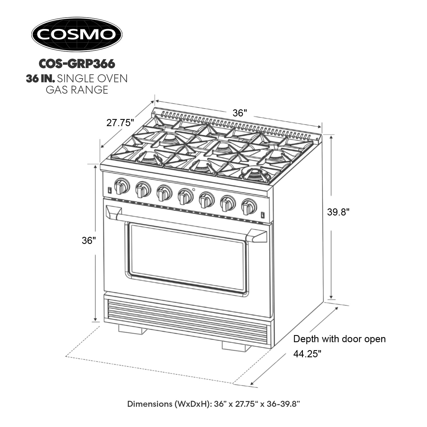 Cosmo 36 in. Vista Collection 5.4 cu. ft. Gas Range, 6 Burners, Convection Oven, LED Light Panel in Modern Stainless Steel