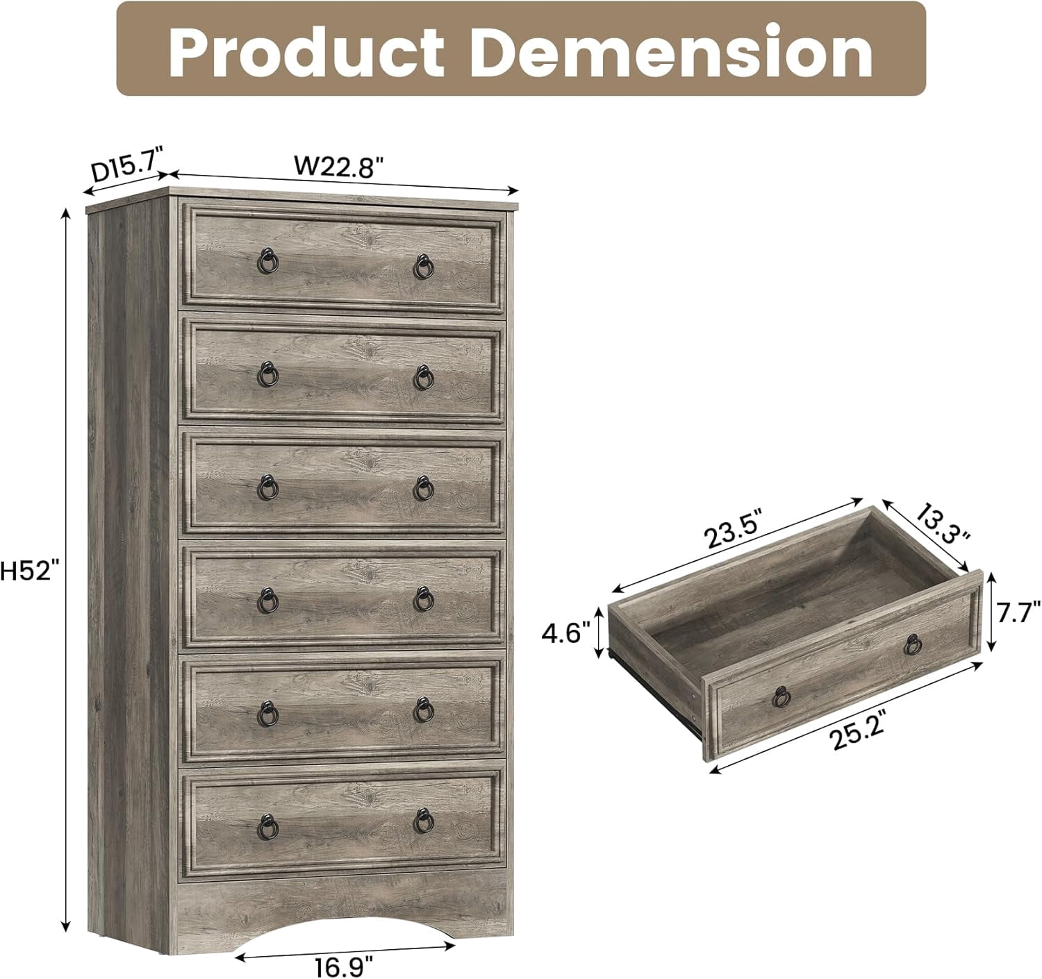 Frmobepts 6 Drawer Dresser Chest Tall Drawers Wood Cabinet for Bedroom, Gray Wash