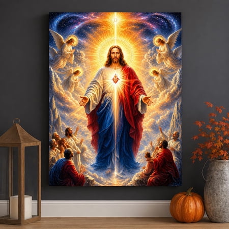 Sacred Heart Jesus Christian Wall Art With Angels Divine Light Religious Home Decor